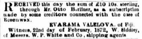Figure 2: Argus, 23 February 1872, p. 3. The notice gives his surname as ‘Valelova’ which may or may not be correct.19