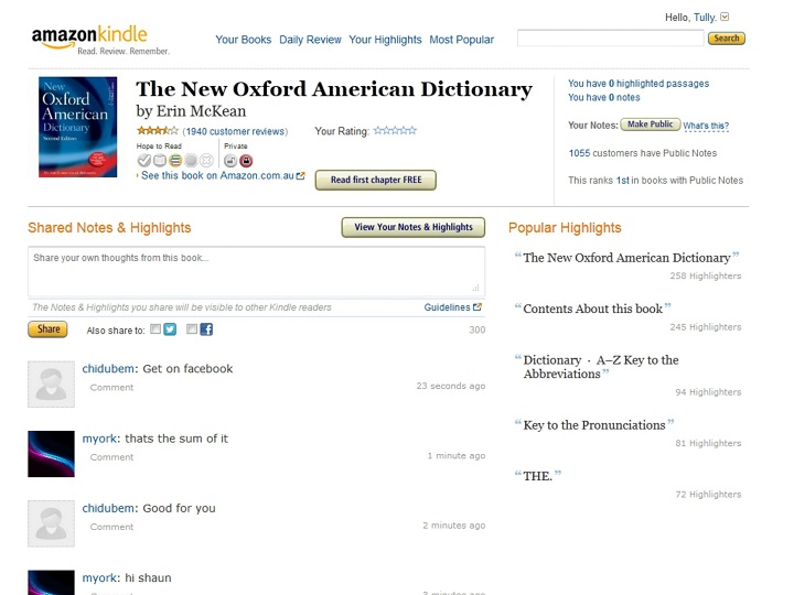 Figure 4: Screen Capture of Amazon’s Record of Public Notes on The New Oxford American Dictionary with an Example of a Conversation Taking Place